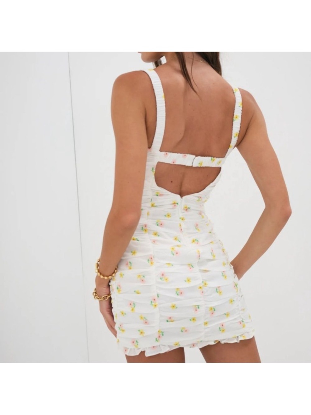 NWT For Love And Lemons White Floral Lace-Up Ruched Mini Dress - Picture 2 of 7